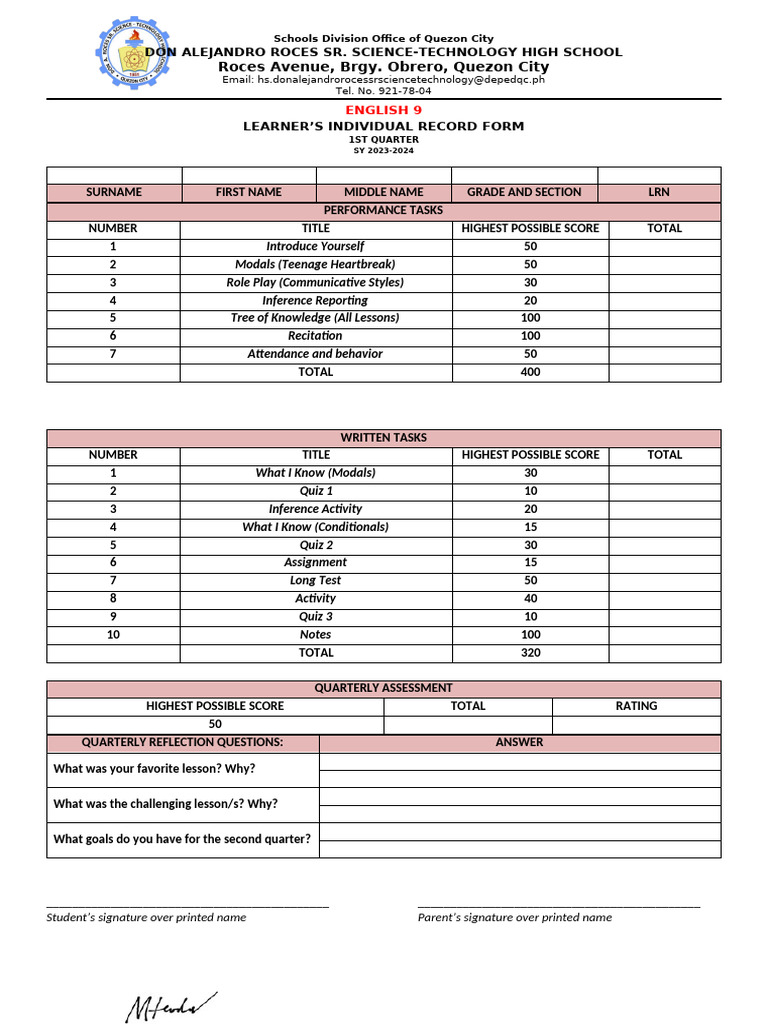 English 9 Individual Record Form | PDF | Learning | Cognition