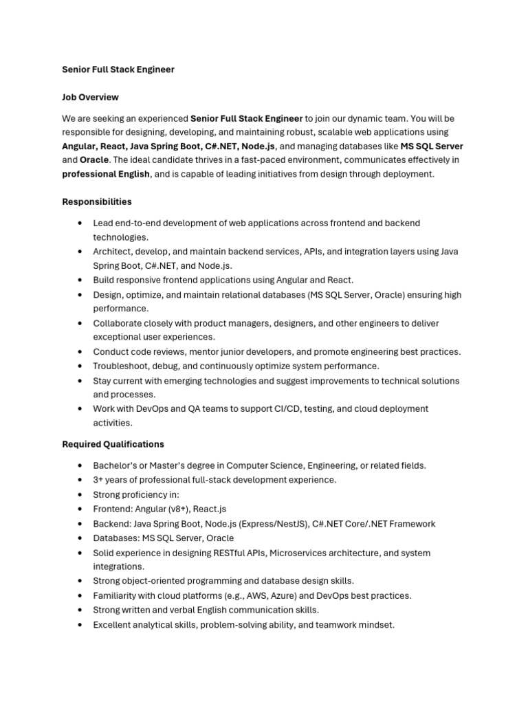 Senior Full Stack Engineer Job Opening | PDF | Databases | Cloud Computing