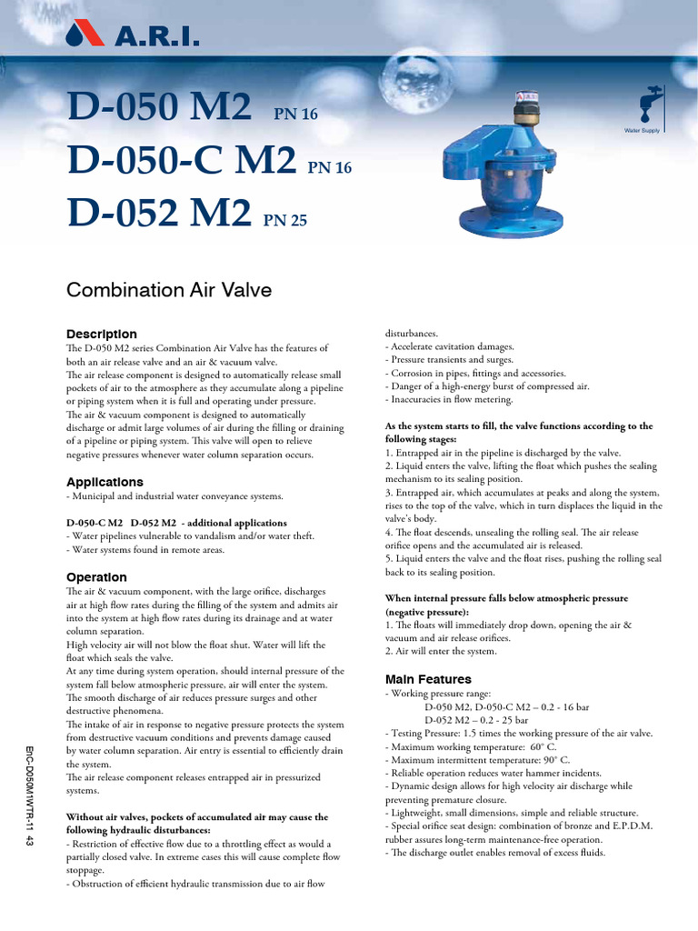 Combination Air Valve Specifications | PDF | Valve | Fluid Dynamics