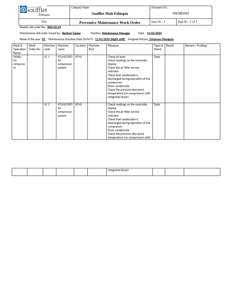 Weekly Preventive Maintenance Order | PDF | Engineering Thermodynamics ...