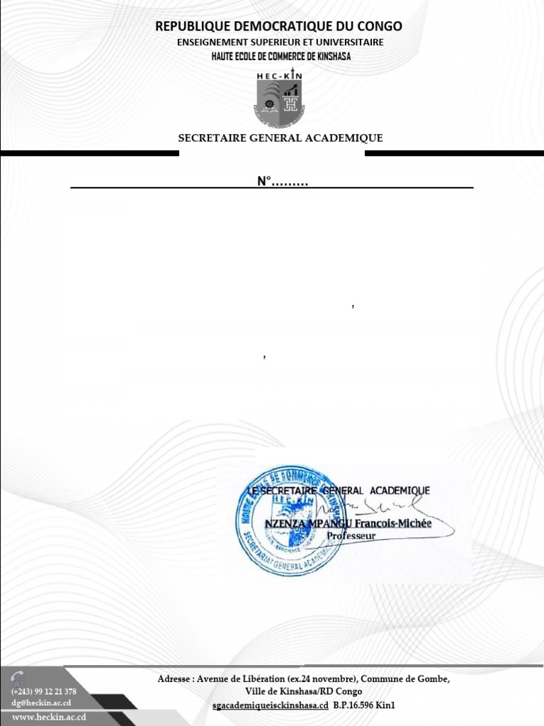 Attestation de Scolarité HEC Kinshasa | PDF