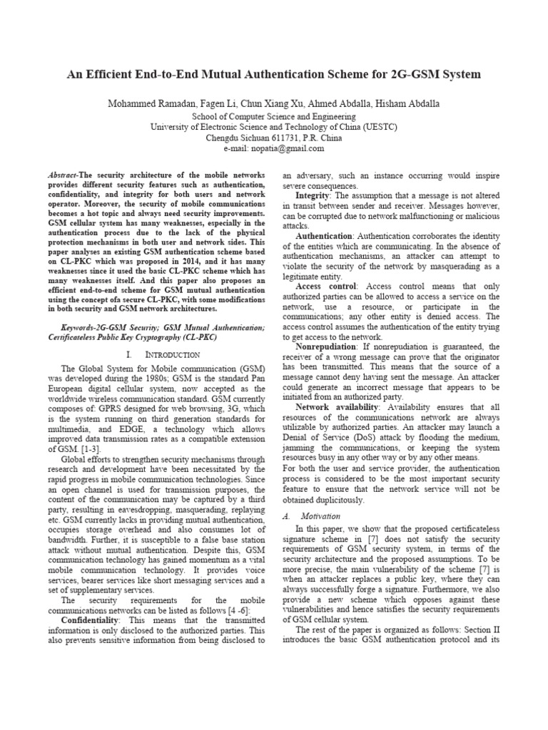 Enhanced Mutual Authentication for GSM | PDF | Security Engineering ...