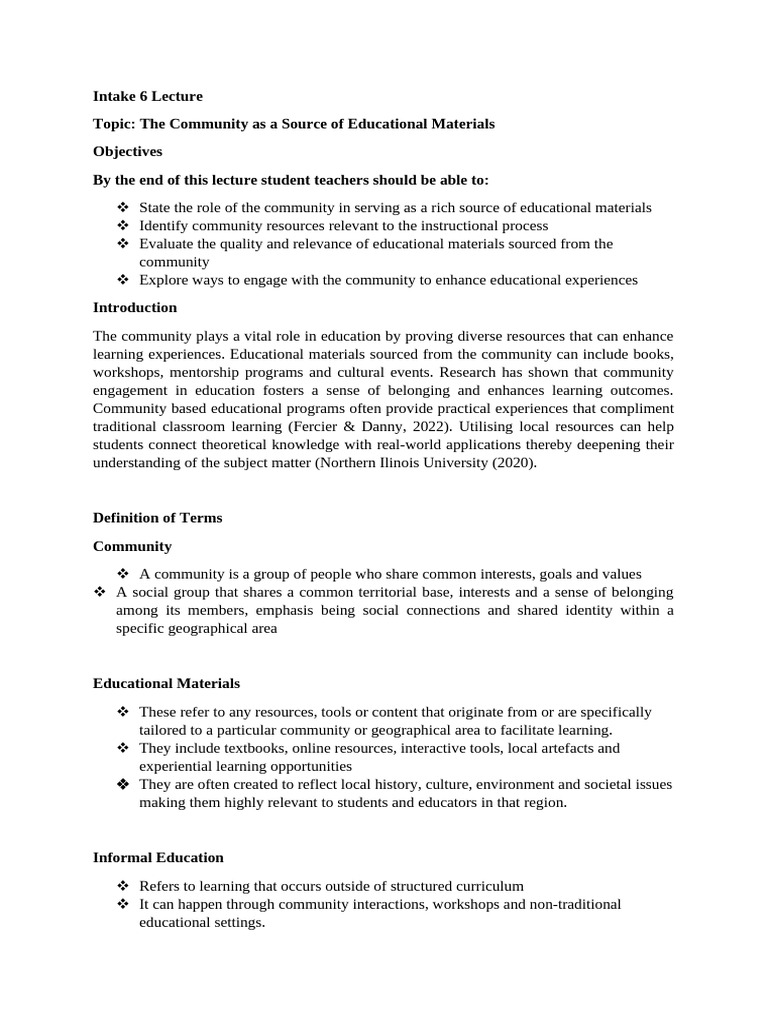 Intake 6 Lecture On The Community As A Source of Educational Materials ...