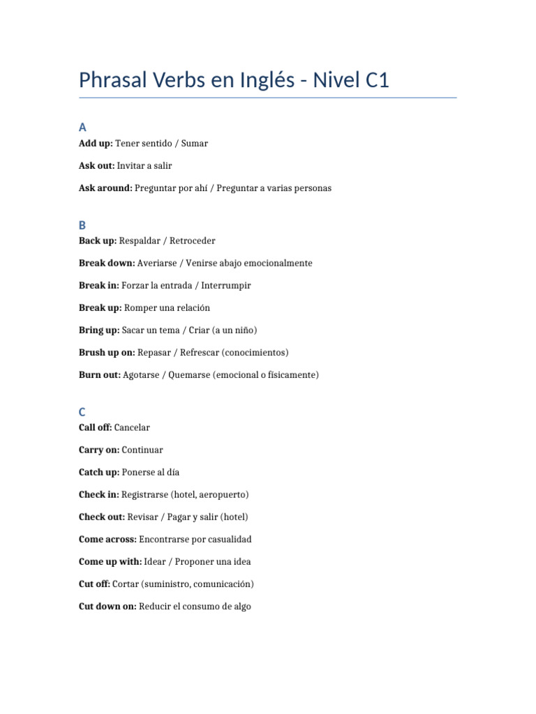 Phrasal Verbs C1: Lista y Ejercicios | PDF