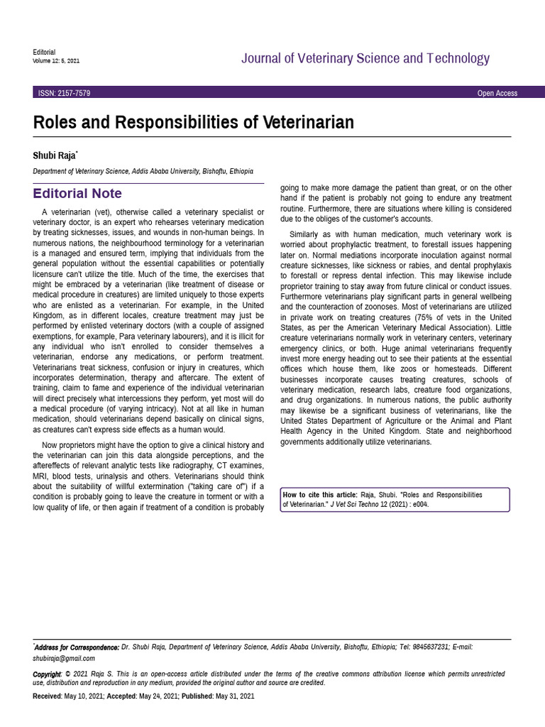 Veterinarian Roles and Responsibilities | PDF | Veterinary Medicine ...