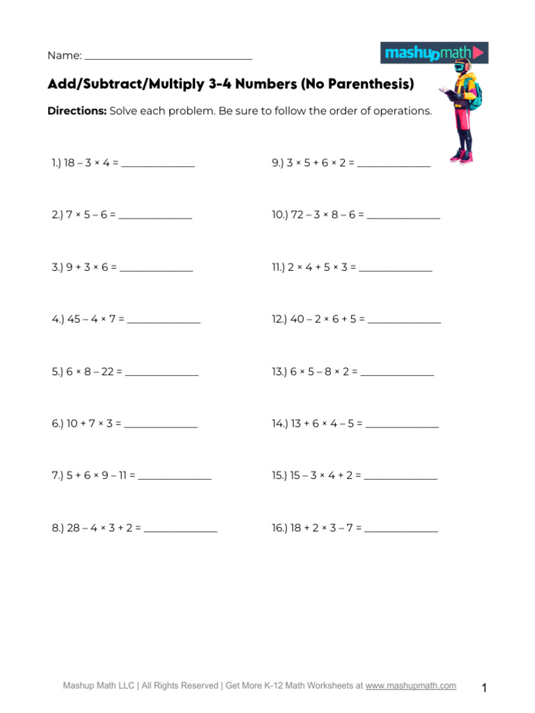 Add Subtract Multiply+3-4+Numbers+ (No+Parenthesis) + | PDF