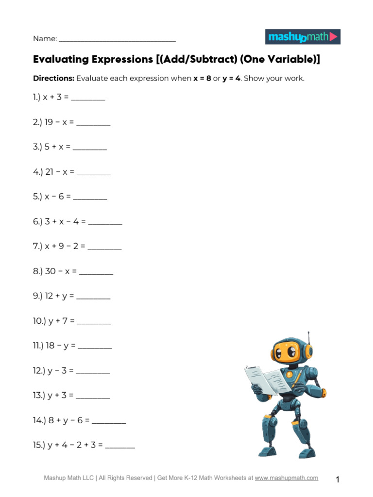 Evaluating+Expressions+ ( (Add Subtract) + (One+Variable) ) (A) | PDF