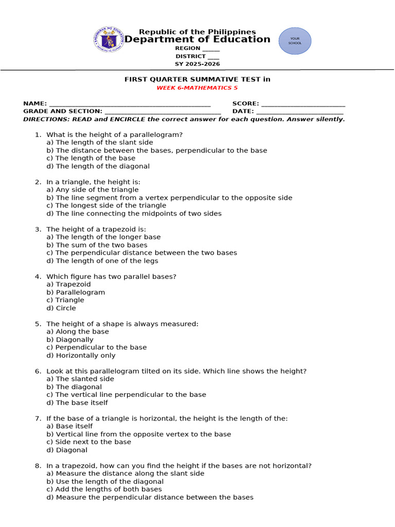 First Quarter Math Test Grade 5 | PDF | Area | Triangle