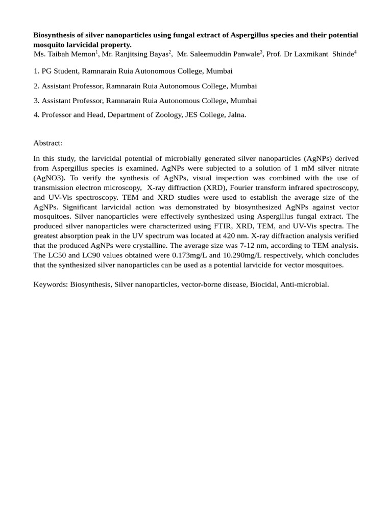 Biosynthesis of Silver Nanoparticles From Aspergillus Species and Their ...
