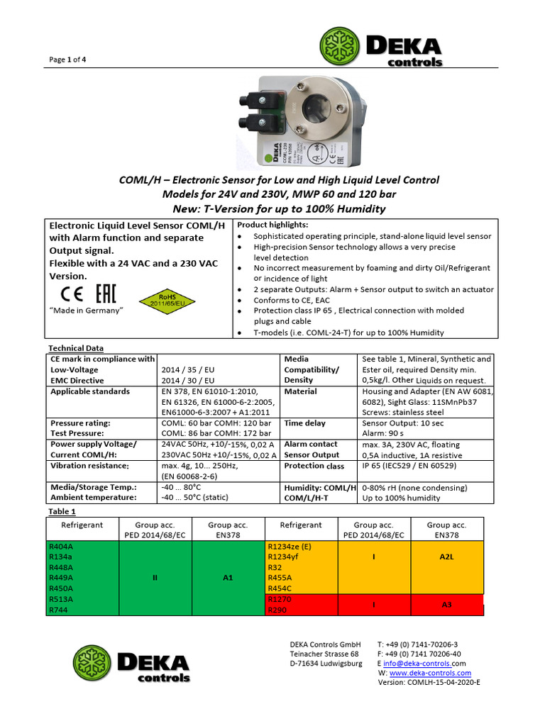 Deka COML/H Liquid Level Sensor Catalog | PDF | Relay | Alternating Current