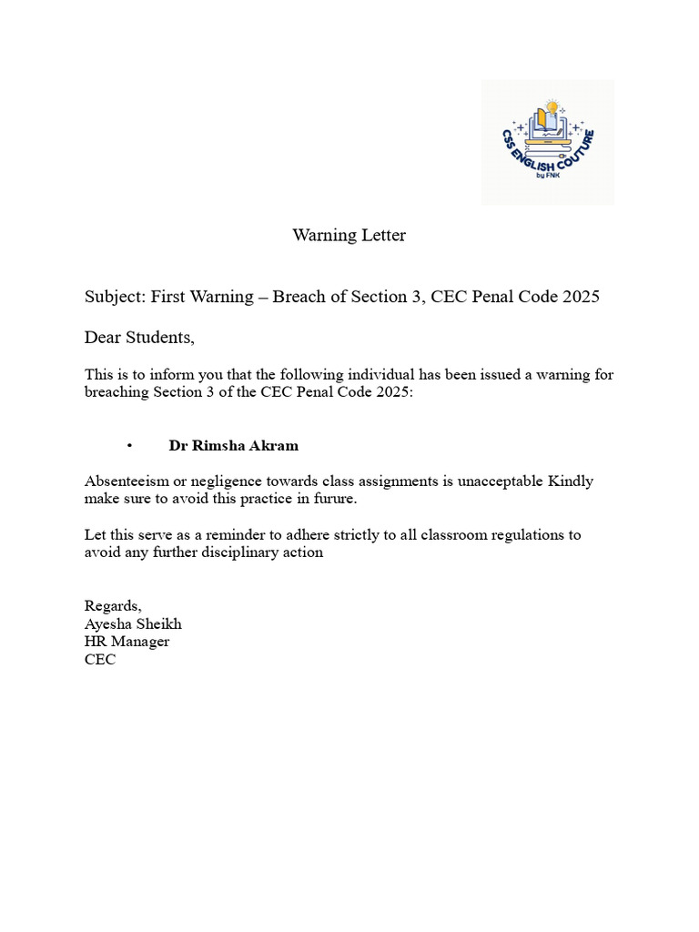 First Warning for Class Negligence | PDF