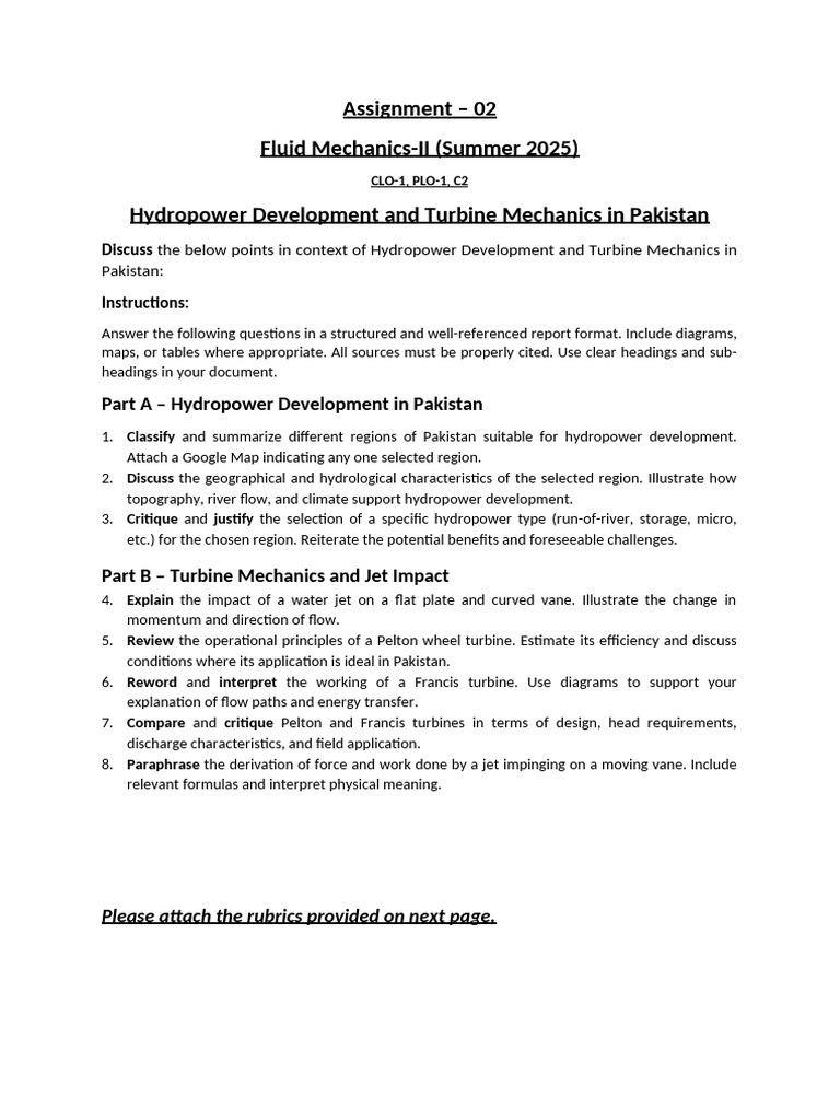 Assignment 2 With Rubrics (FM-II Summer) | PDF | Turbine | Hydropower