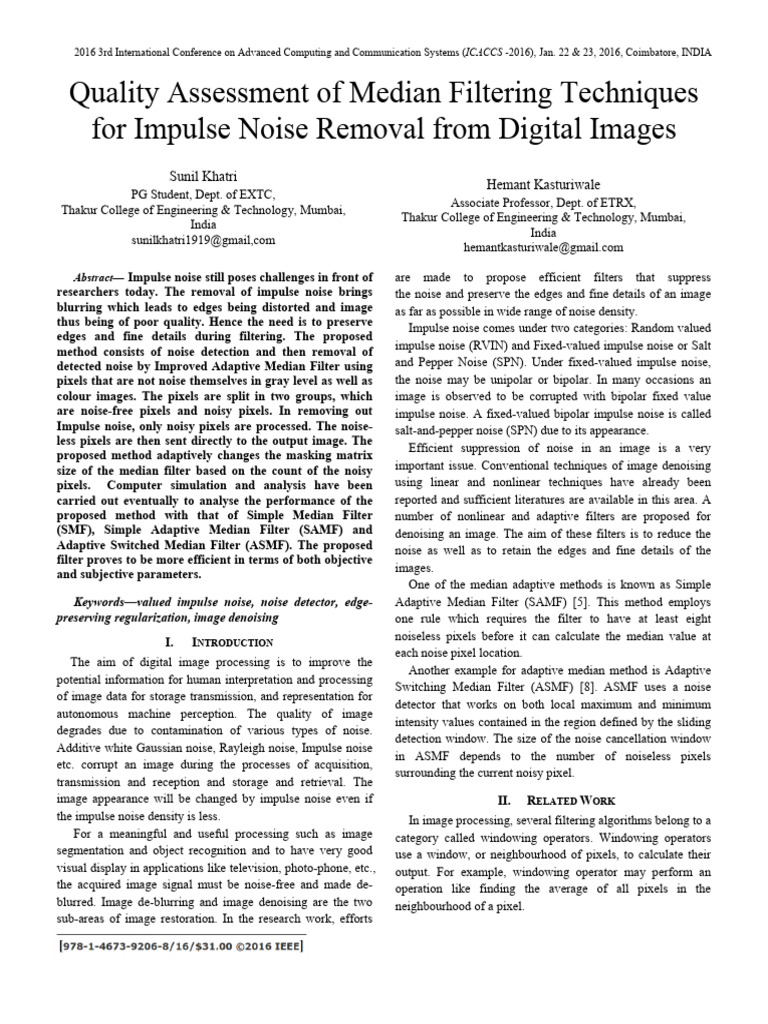Median Filtering for Image Noise Removal | PDF | Filter (Signal ...