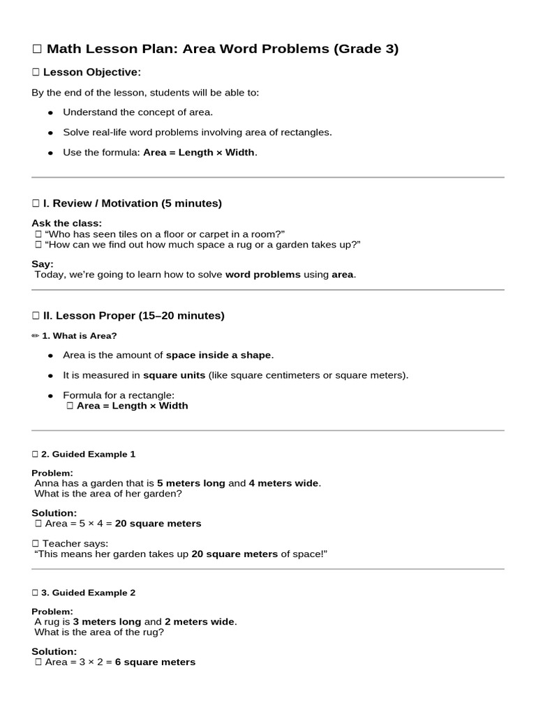 Area Word Problems for Grade 3 | PDF