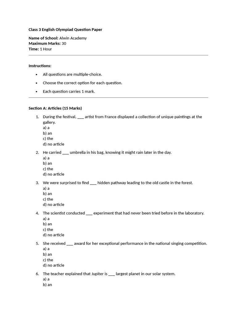 Class 3 English Olympiad Paper PDF | PDF