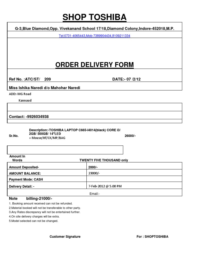 Toshiba Laptop Order Delivery Form | PDF