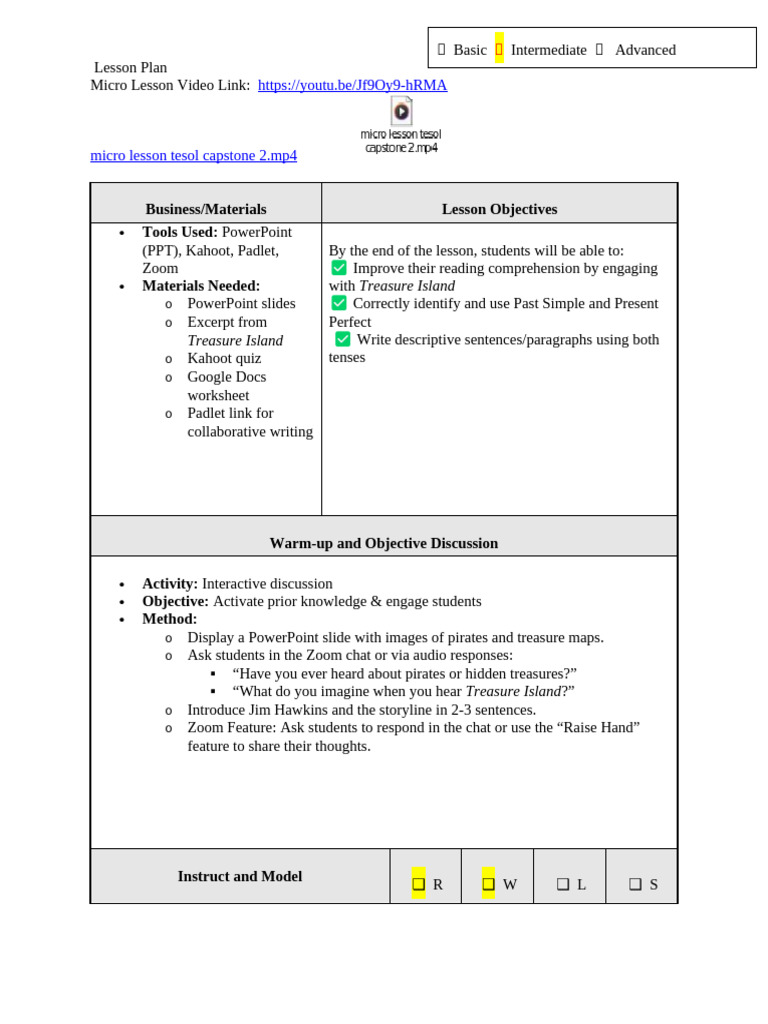Lesson Plan Template W - Video Link | PDF | Reading Comprehension ...