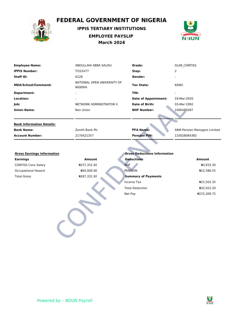 Nigeria IPPIS Employee Payslip March 2024 | PDF