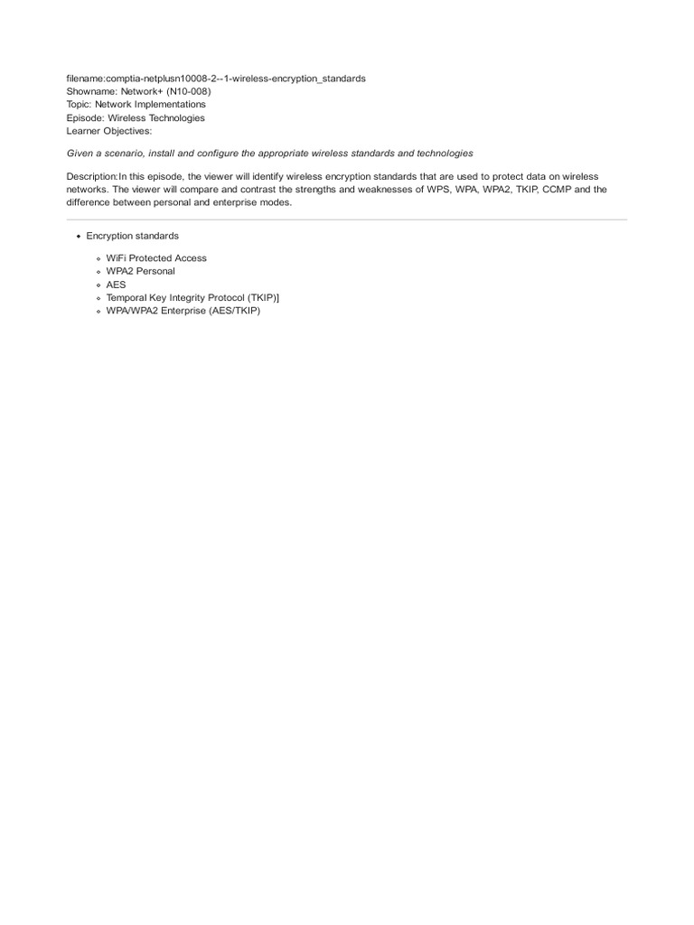 Comptia Netplusn10008 2 1 Wireless Encryption Standards | PDF