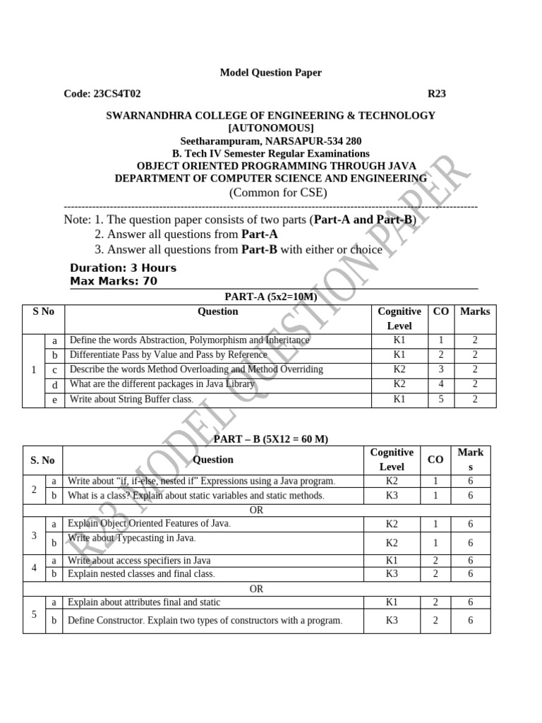 OOP Through Java Model Question Paper | PDF | Class (Computer ...
