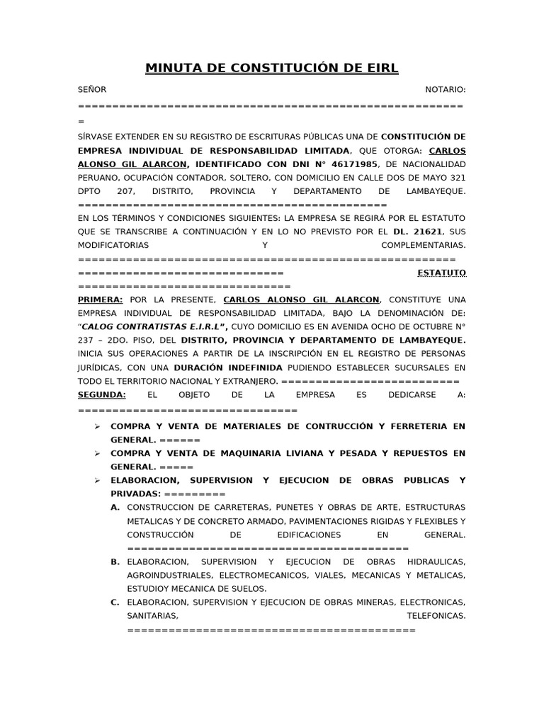 Constitución de EIRL: Calog Contratistas | PDF | Bancos | Ley procesal