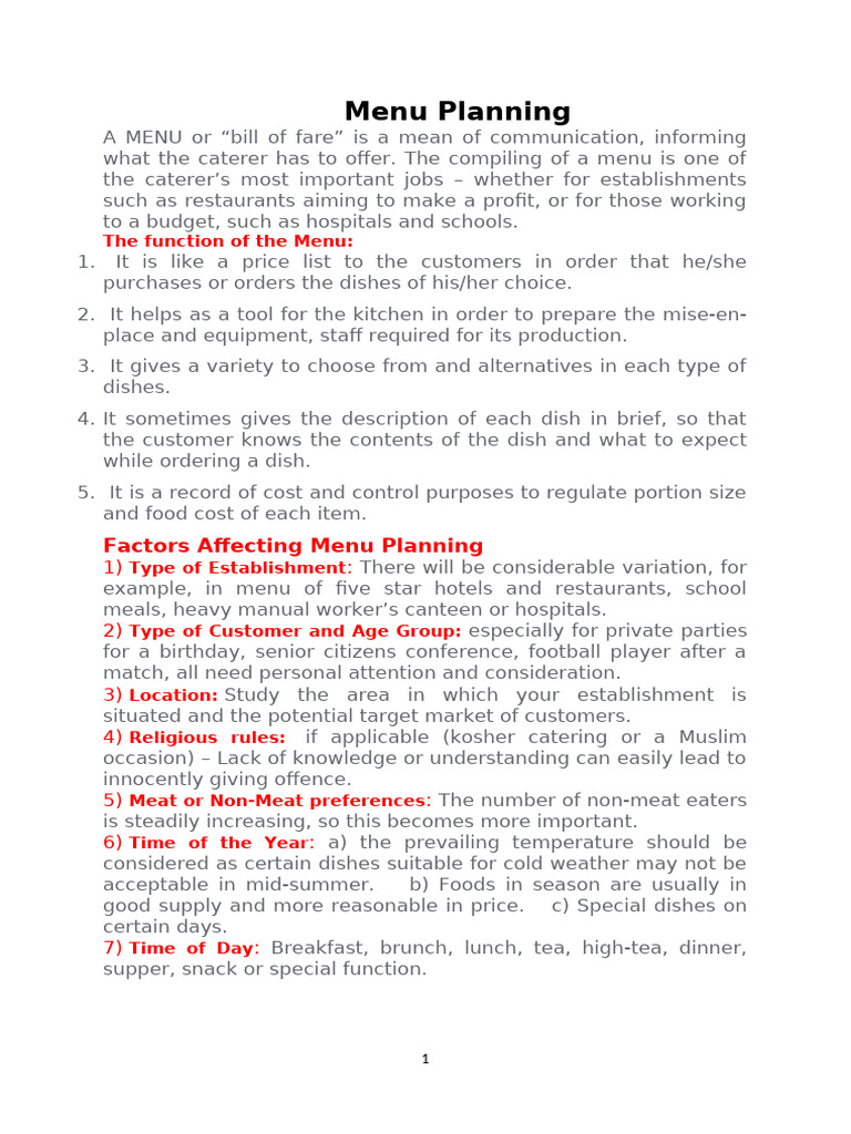 Menu Planning Essentials for Caterers | PDF | Menu | Inventory