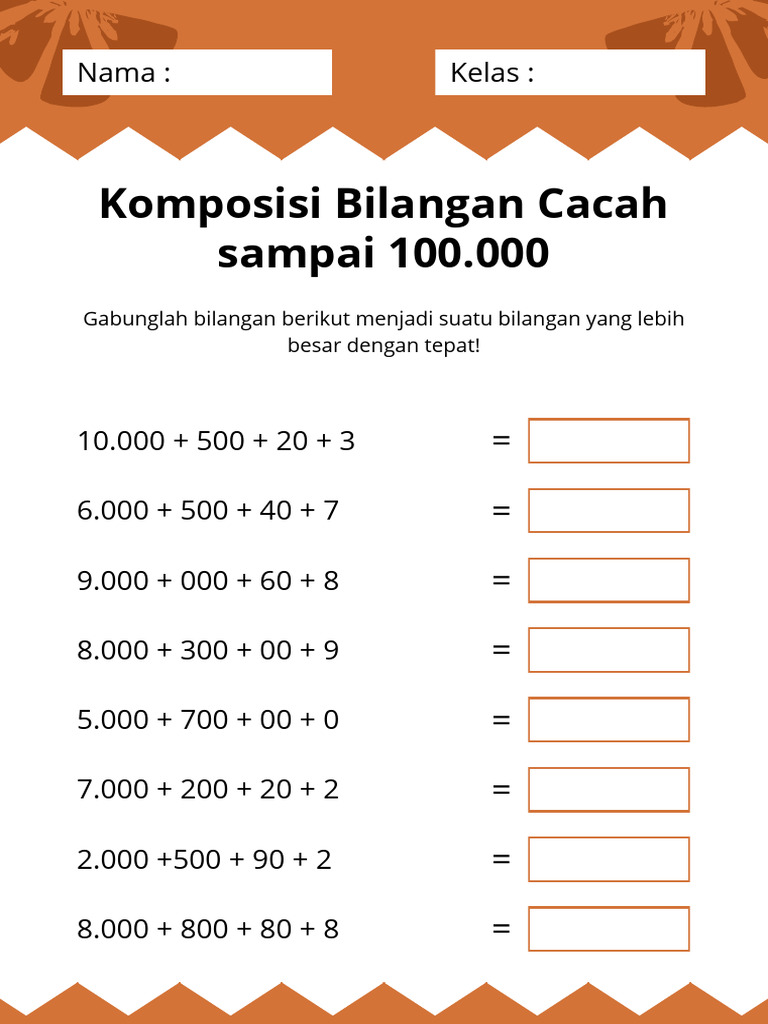Komposisi Bilangan Cacah Sampai 100.000 Lembar Kerja Cokelat Putih ...