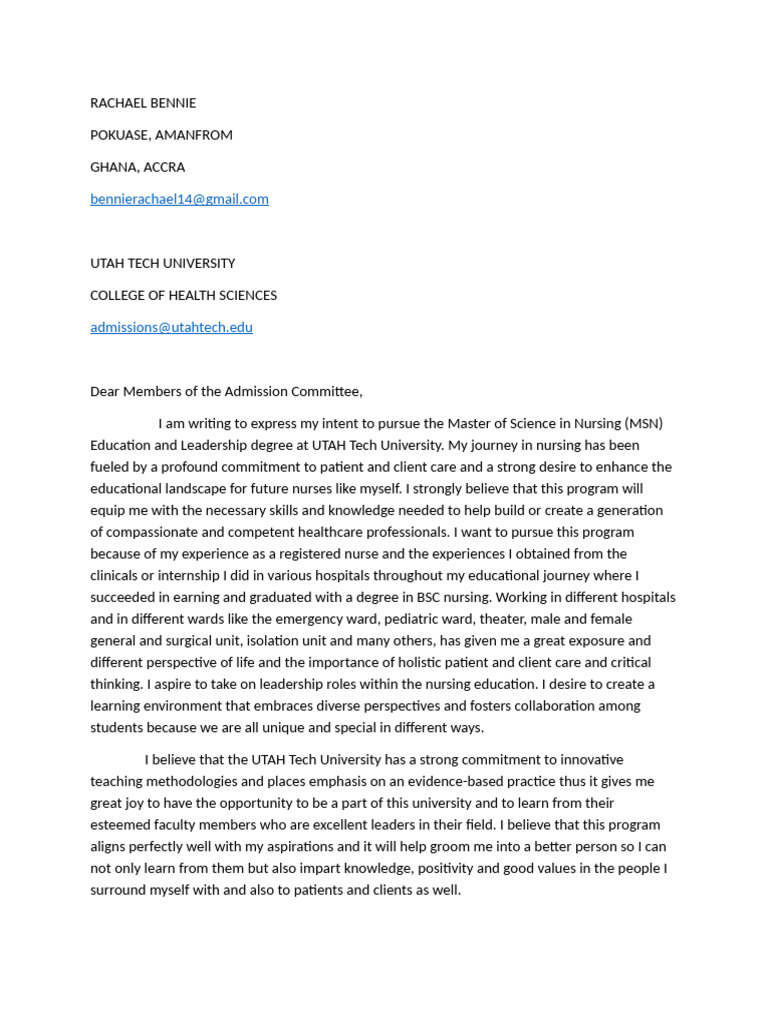 Rachael Bennie's MSN Application Essay | PDF | Nursing | Health Care
