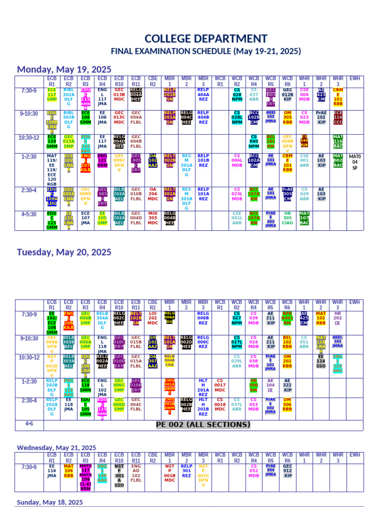 College Final Exam Schedule 2nd Semester 2024 2025 May 19-21-2025 | PDF
