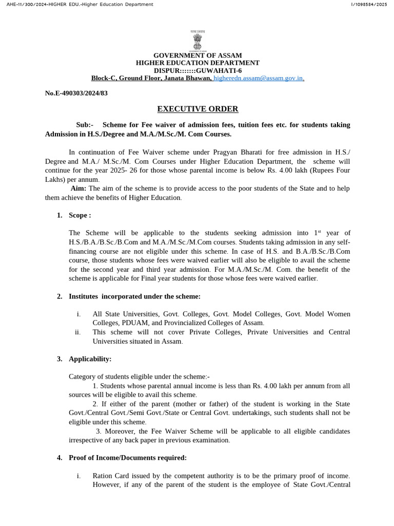 Fee Waiver Scheme for Assam Students | PDF
