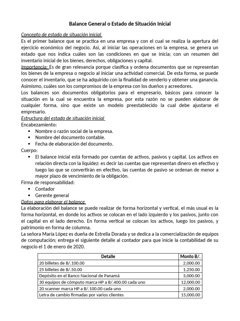 Balance General: Estado Inicial Empresarial | PDF | Contabilidad | Hoja ...