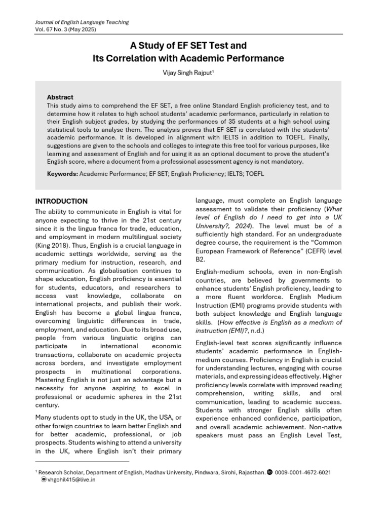 A Study of EF SET Test and Its Correlation With Academic Performance ...