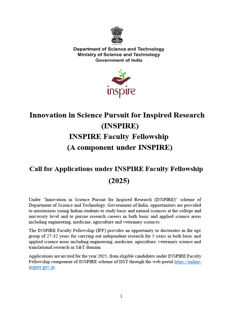 INSPIRE Faculty Fellowship 2025 Details | PDF | Doctor Of Philosophy ...