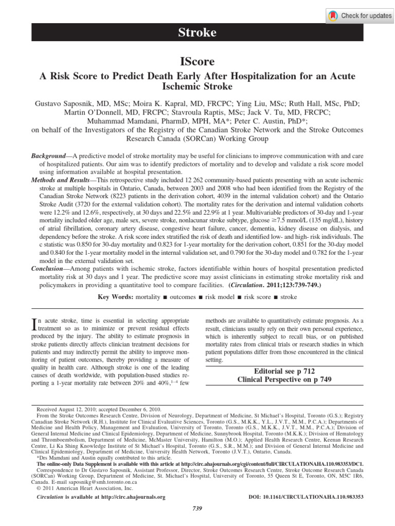 2011 Risk Score To Predict Death Early | PDF | Stroke | Cohort Study