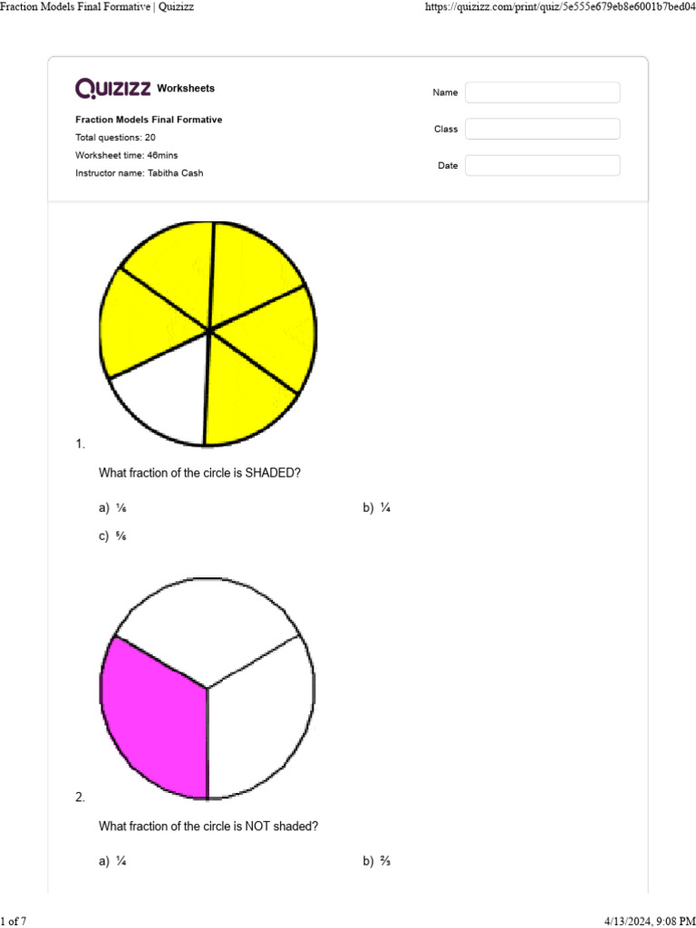 Fraction Models Final Quiz | PDF | Chess Theory | Chess