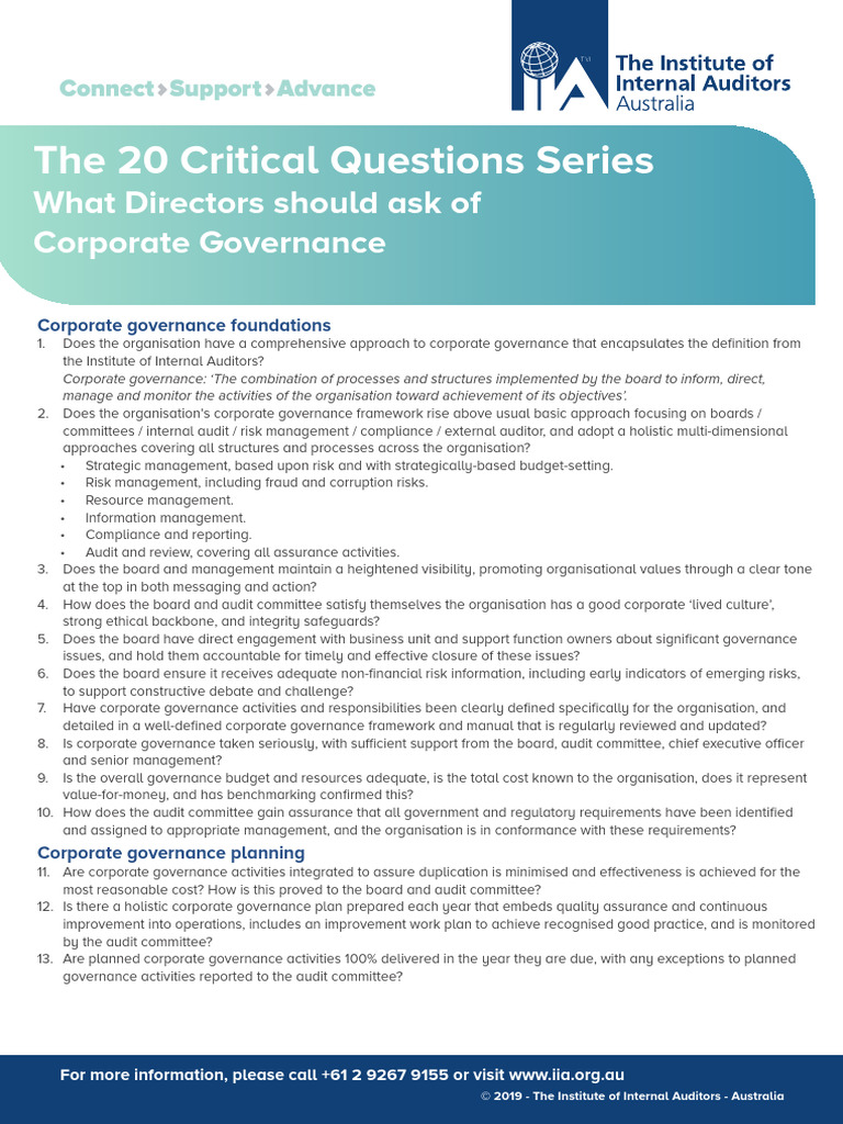 20 Key Questions for Corporate Governance | PDF | Audit | Internal Audit