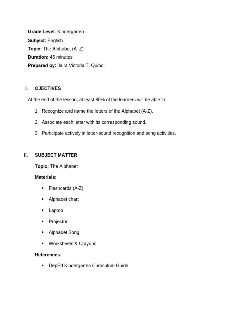 Kindergarten Alphabet Lesson Plan | PDF | Cognition | Education Theory