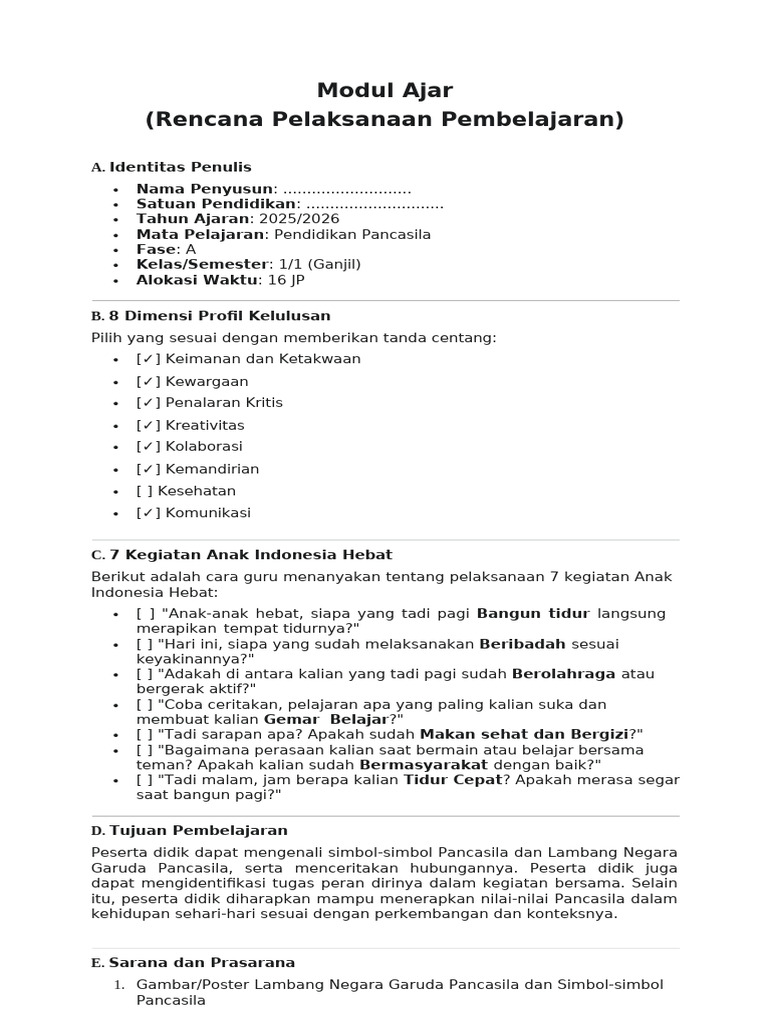Modul Ajar Pancasila Kelas 1 SD | PDF