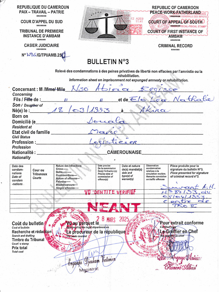 Bulletin N°3 Casier Judiciaire Cameroun | PDF