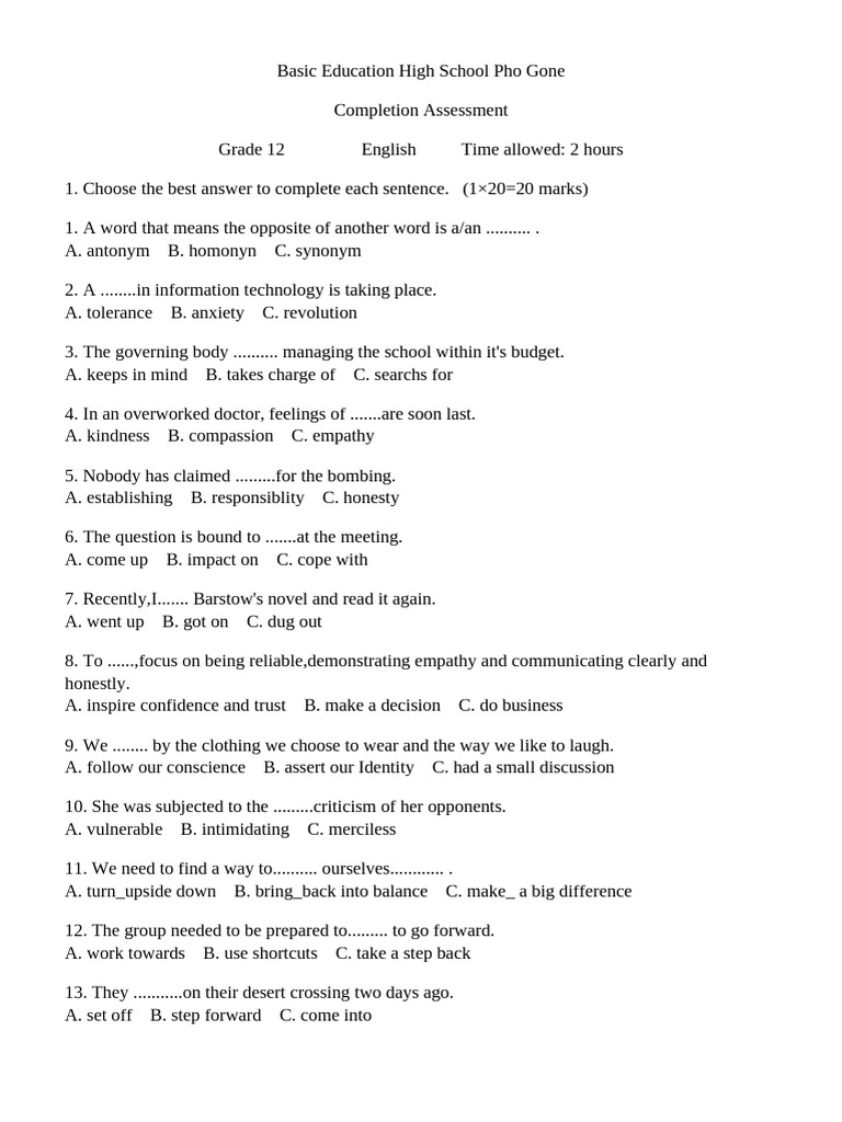 Grade 12 English Assessment Guide | PDF | Mental Health | Verb