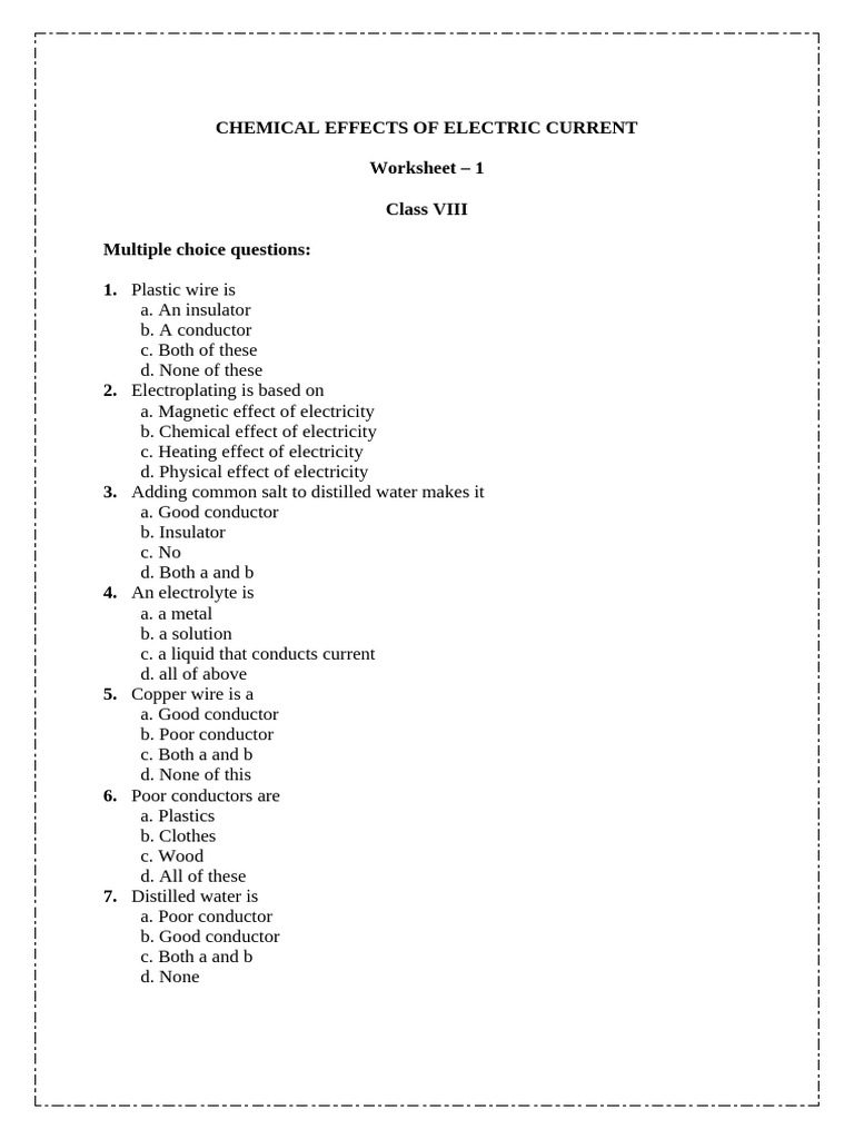 Class 8 Electricity Effects Worksheet | PDF