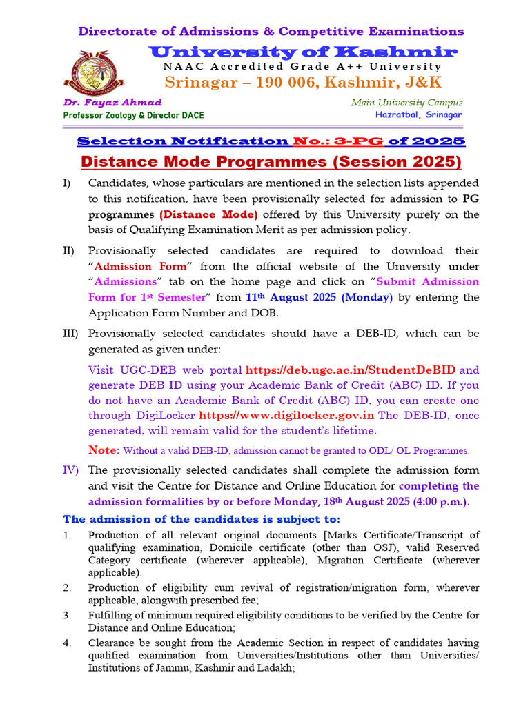 PG Distance Admission Notification 2025 | PDF
