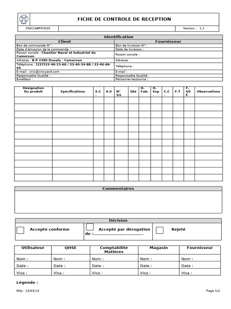Fiche de Contrôle à la Réception | PDF