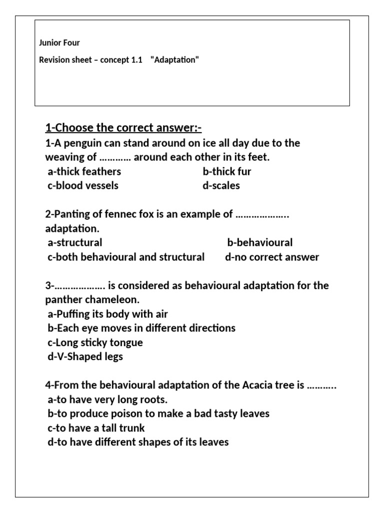 Adaptation Quiz for Junior Four Students | PDF | Respiratory System ...