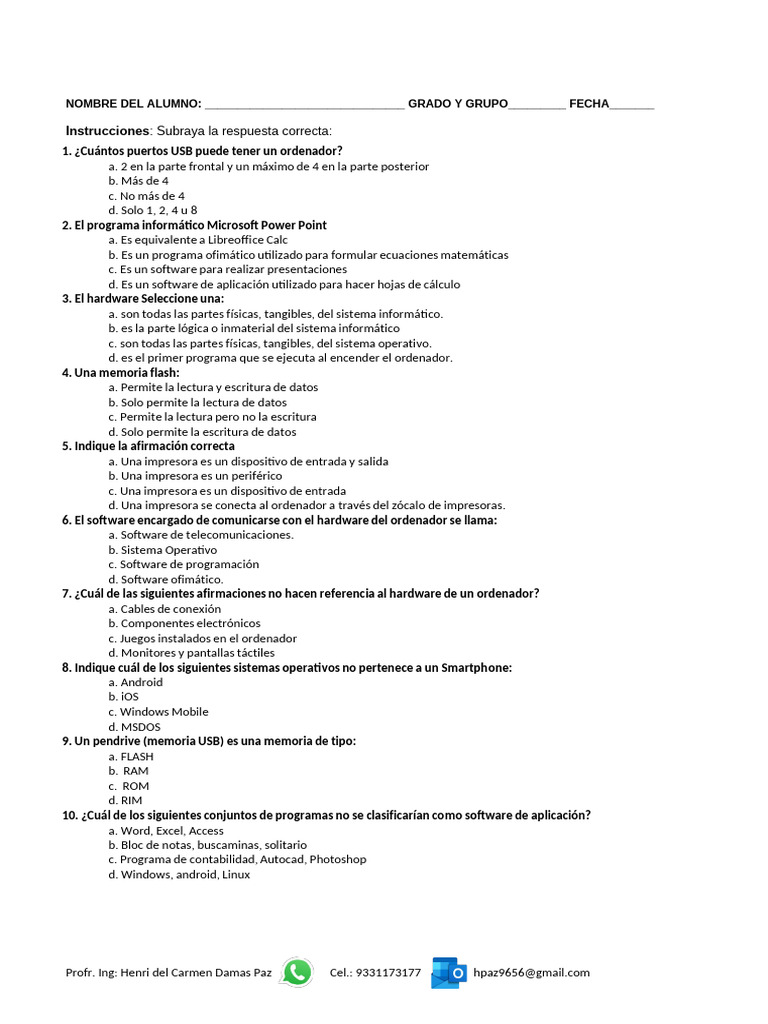 Cuestionario de Hardware y Software | PDF | Hardware de la computadora ...
