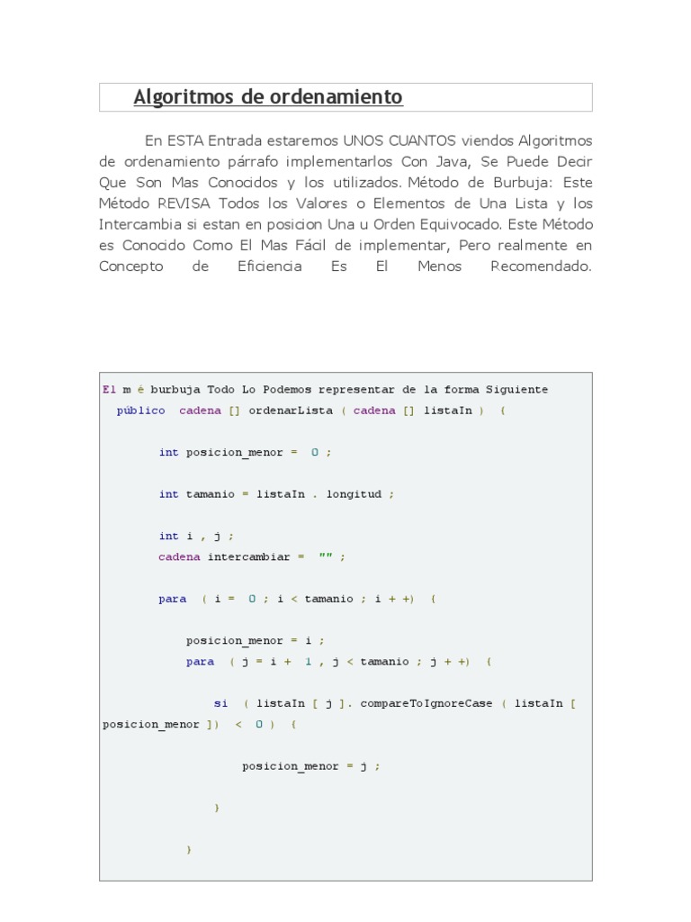 Ejemplos de algoritmos de ordenamiento en Java | PDF | Gestión de ...