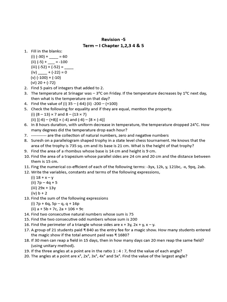 Revision 5 Term - I Chapter 1, 2, 3, 4 & 5 | PDF