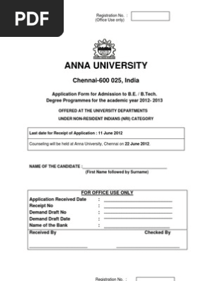 Anna University Form | PDF | University And College Admission | Test  (Assessment)