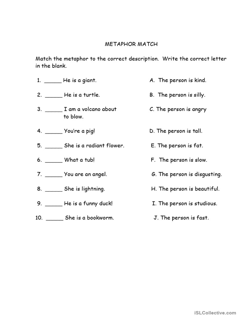Metaphor Matching Exercise | PDF