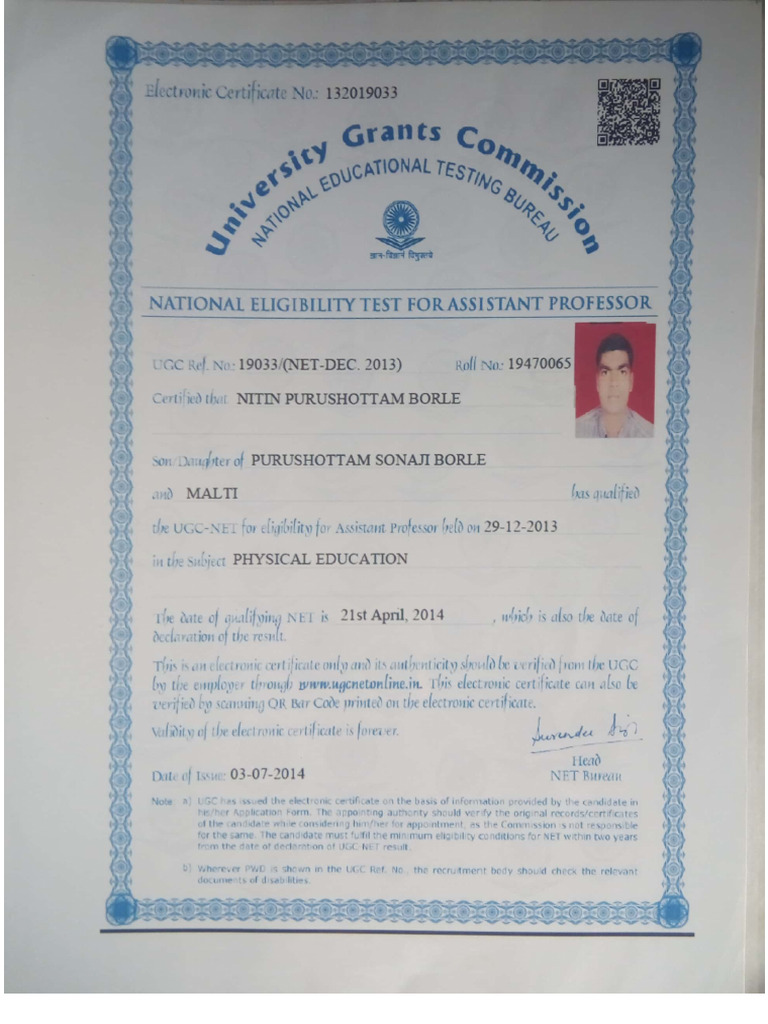 Ugc Net Exam Certificate - 1 | PDF